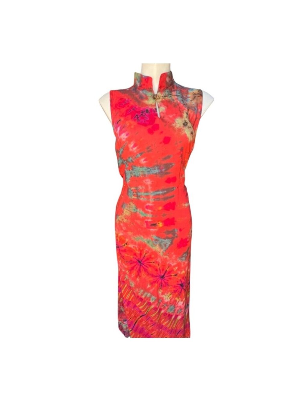 Asian Style Dress Maxi Tie-Dye Sleeveless Mandarin Collar Waist Ties Multicolor